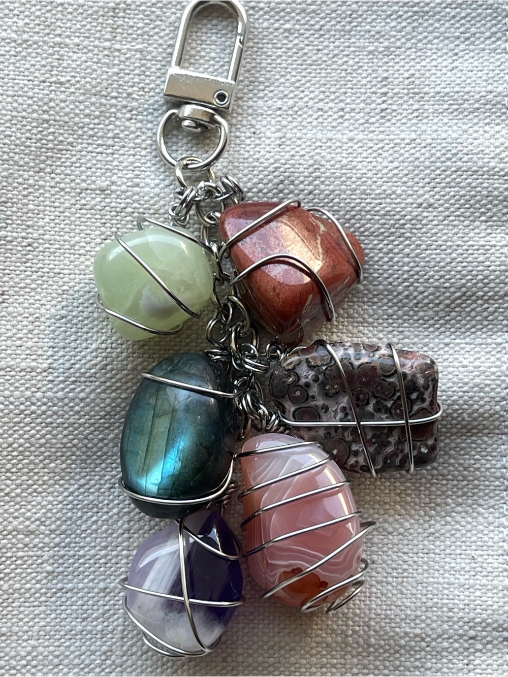 Multicolor Crystal Cluster Bag Charm Silver Stainless Steel Handmade